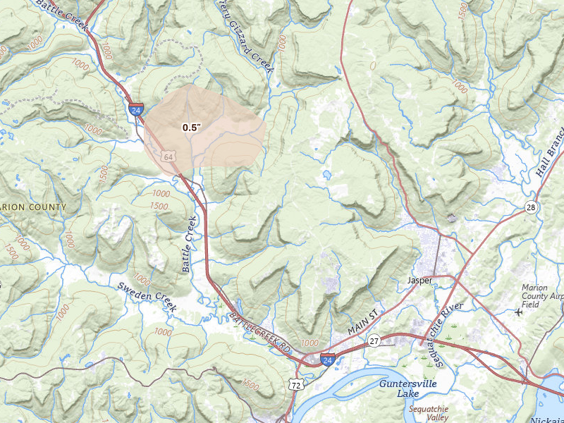 Radar-estimated hail-size map of the storm over Jasper, TN