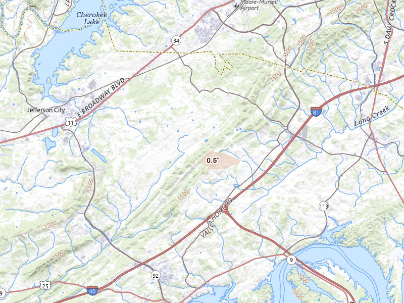 Radar-estimated hail-size map of the storm over Jefferson City, TN on Jul 11, 2026