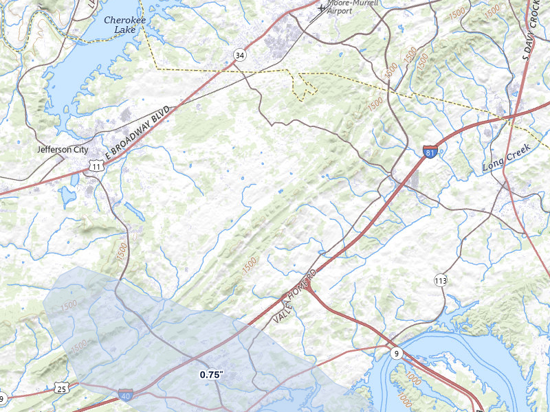 NEXRAD radar-signature map of the hail storm over Jefferson City, TN on Jul 28, 2026