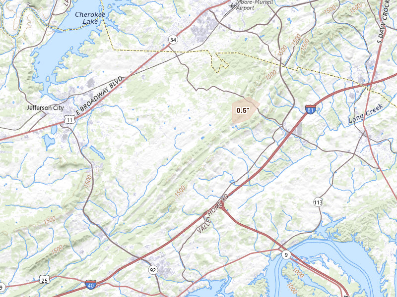 Radar-estimated hail-size map of the storm over Jefferson City, TN on Aug 9, 2026