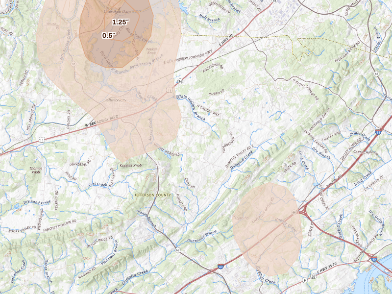Radar-estimated hail-size map of the storm over Jefferson City, TN