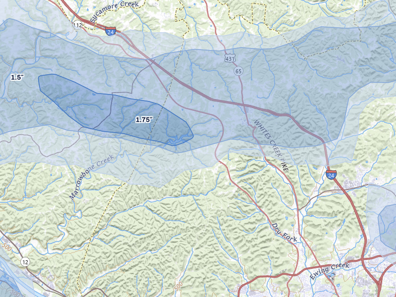 NEXRAD radar-signature map of the hail over Joelton, TN