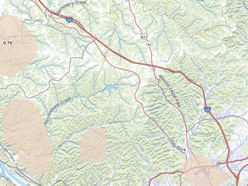 Radar-estimated hail-size map of the storm over Joelton, TN on Jun 9, 2026