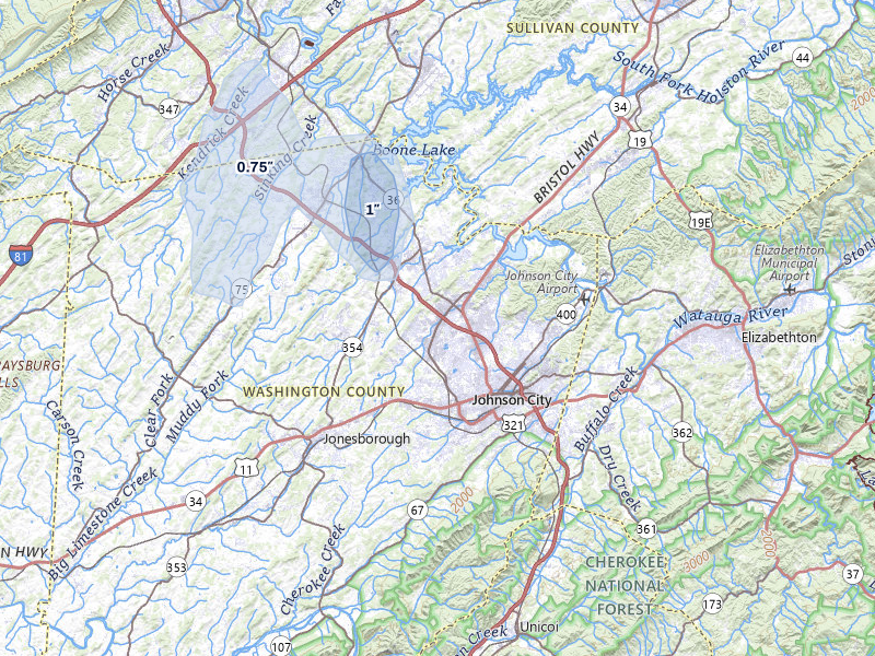 NEXRAD radar-signature map of the hail storm over Johnson City, TN on Jul 3, 2026