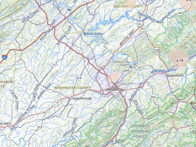 Radar-estimated hail-size map of the storm over Johnson City, TN on Jul 4, 2026