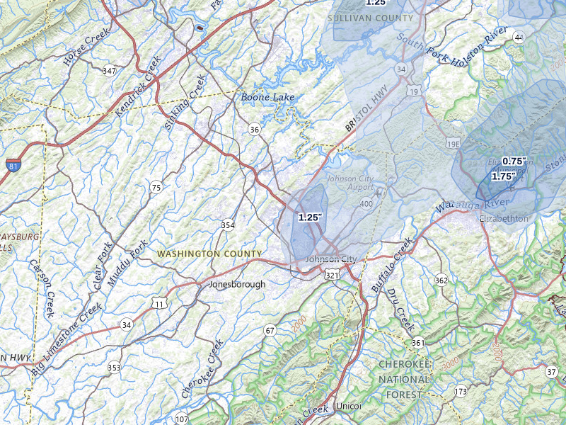 NEXRAD radar-signature map of the hail over Johnson City, TN