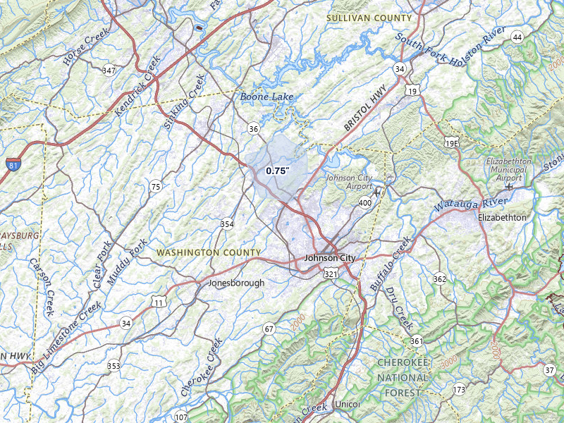 NEXRAD radar-signature map of the hail storm over Johnson City, TN on Jul 6, 2026