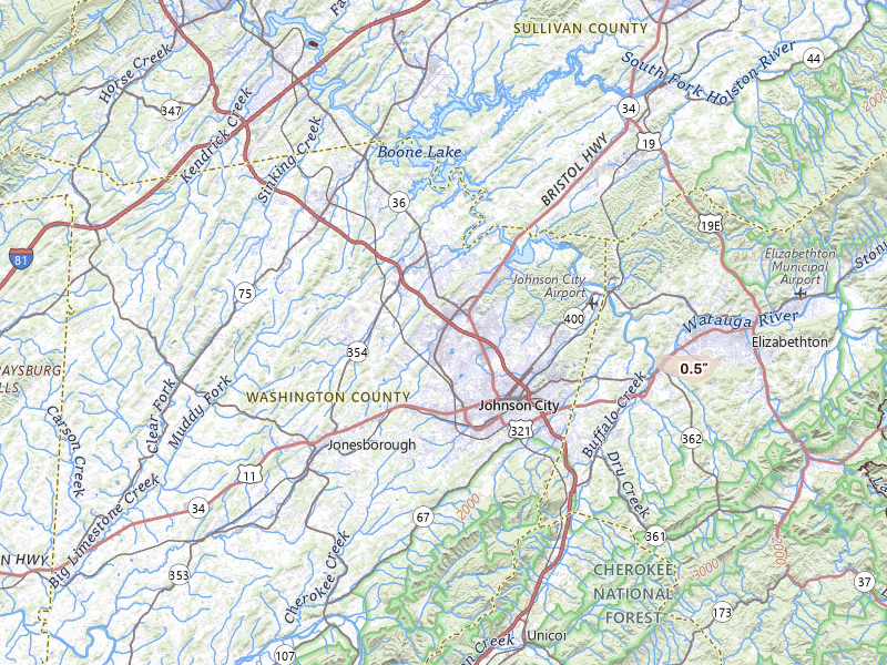 Radar-estimated hail-size map of the storm over Johnson City, TN on Jul 19, 2026
