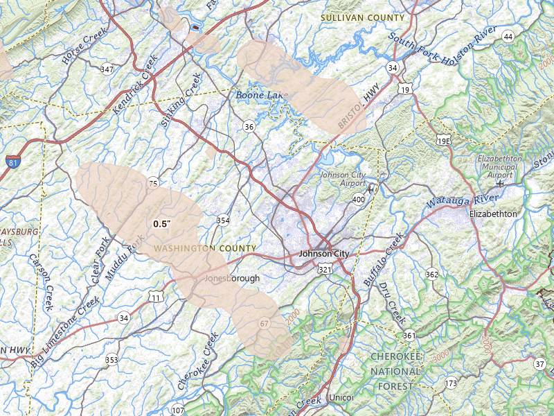 Radar-estimated hail-size map of the storm over Johnson City, TN on Jul 28, 2026