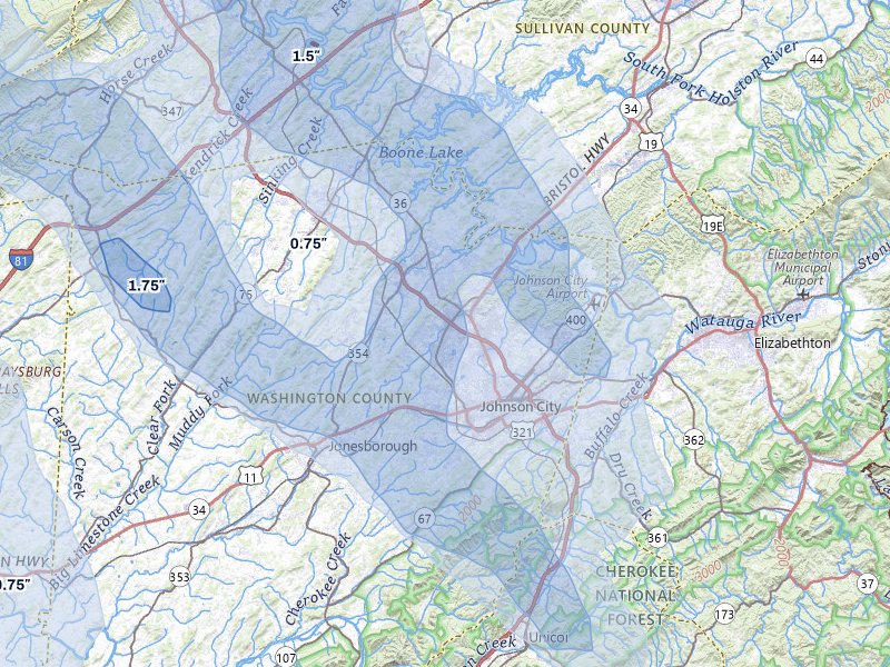 NEXRAD radar-signature map of the hail storm over Johnson City, TN on Jul 28, 2026