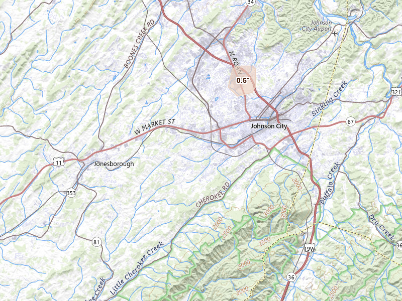 Radar-estimated hail-size map of the storm over Johnson City, TN on Aug 6, 2026