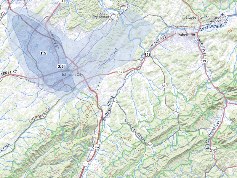 NEXRAD radar-signature map of the hail storm over Johnson City, TN on Aug 6, 2026