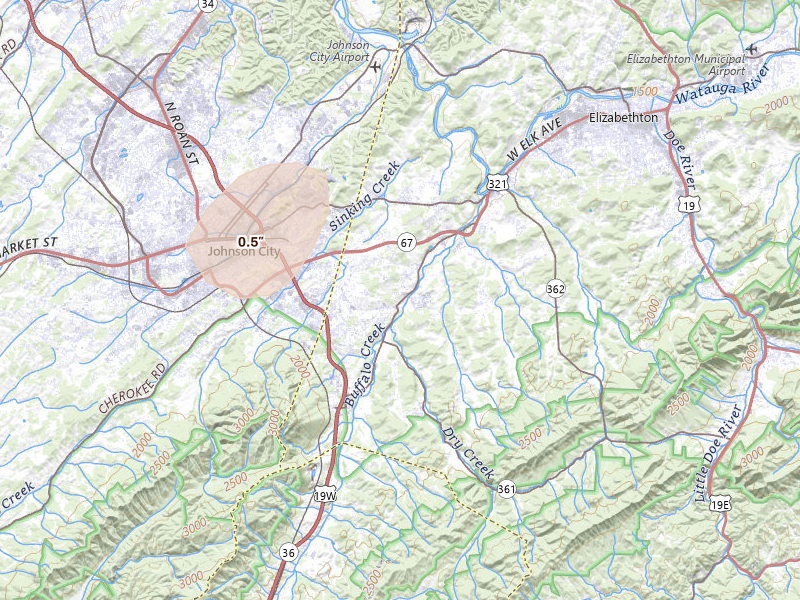 Radar-estimated hail-size map of the storm over Johnson City, TN on Aug 13, 2026