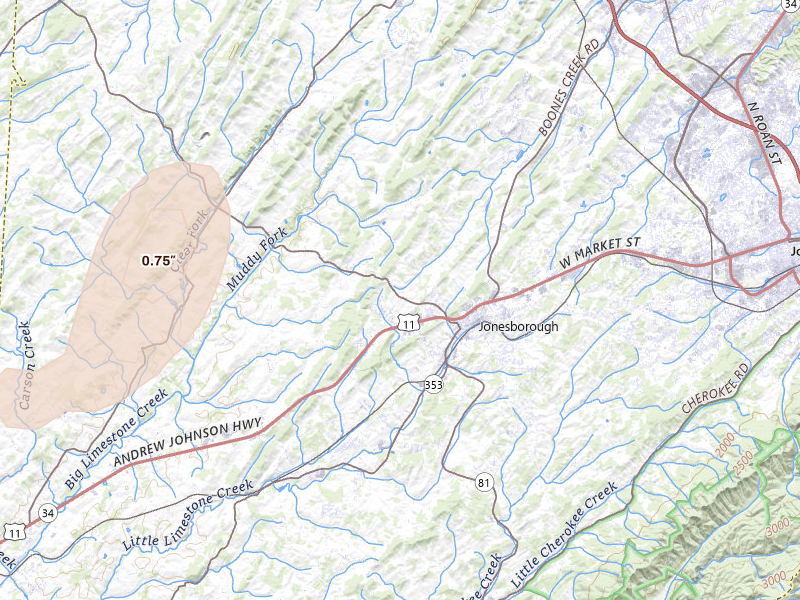 Radar-estimated hail-size map of the storm over Jonesborough, TN on Jun 29, 2026