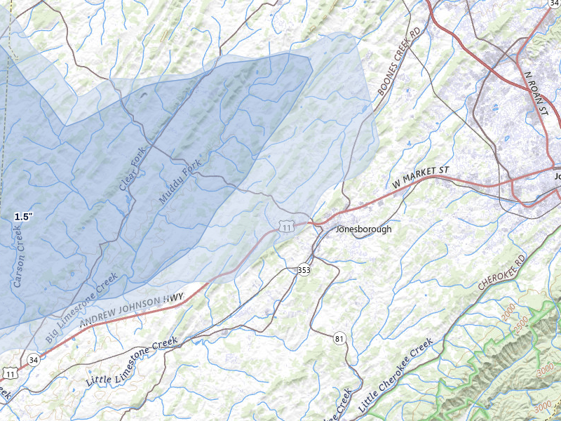 NEXRAD radar-signature map of the hail storm over Jonesborough, TN on Jun 29, 2026