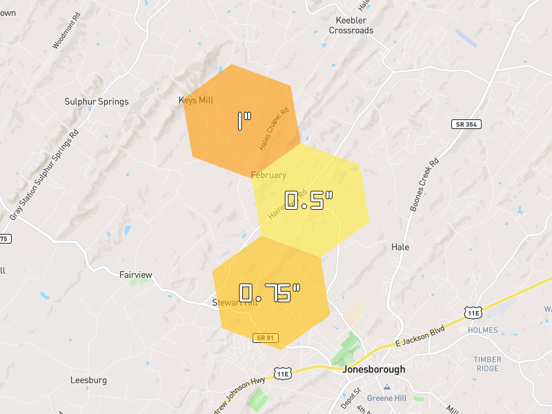 Hail map of Jonesborough, TN on Jun 30, 2026, hail up to 1"