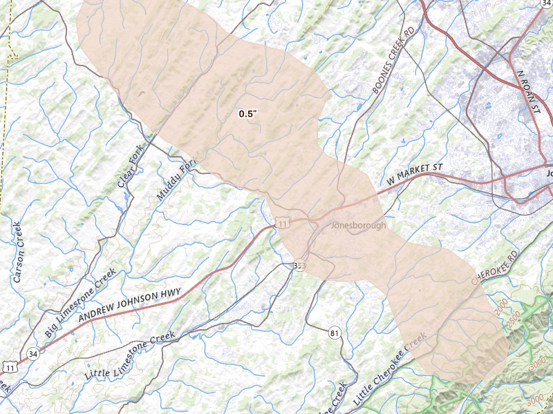 Radar-estimated hail-size map of the storm over Jonesborough, TN on Jul 28, 2026