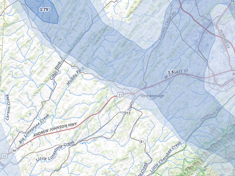 NEXRAD radar-signature map of the hail storm over Jonesborough, TN on Jul 28, 2026