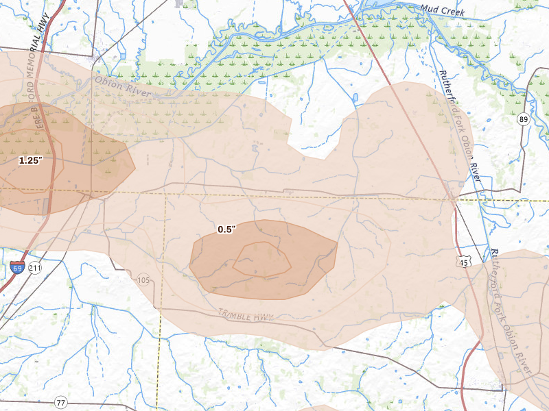 Radar-estimated hail-size map of the storm over Kenton, TN