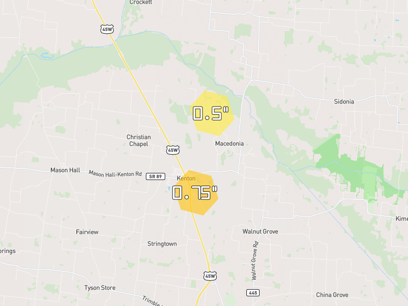 Hail map of Kenton, TN on Jul 3, 2026, hail up to 0.75"