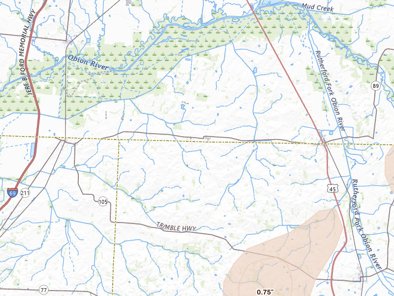 Radar-estimated hail-size map of the storm over Kenton, TN on Jul 4, 2026