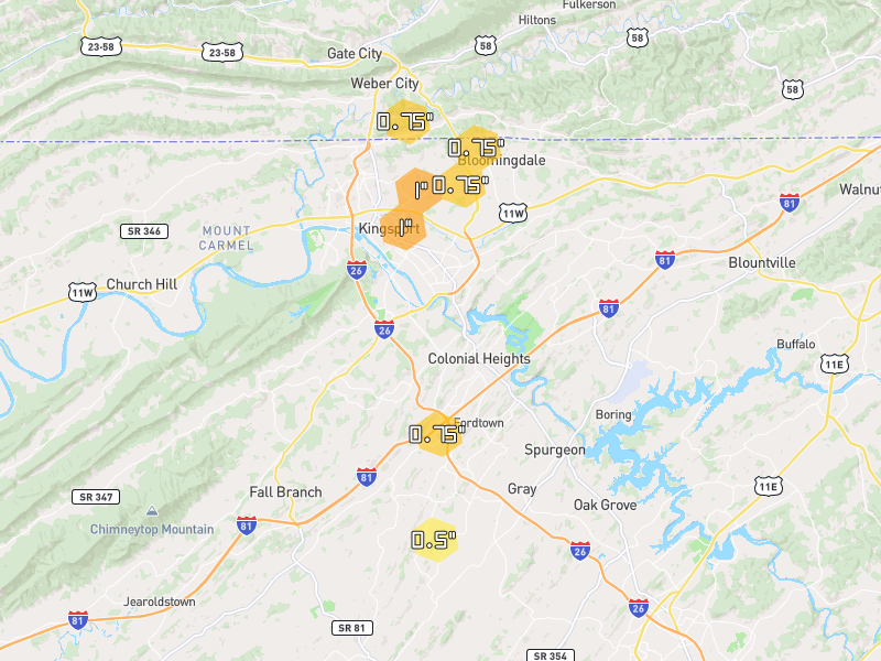 Hail map of Kingsport, TN on Jul 4, 2026, hail up to 1"