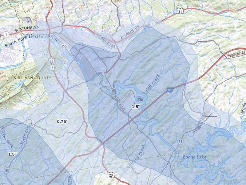 NEXRAD radar-signature map of the hail over Kingsport, TN