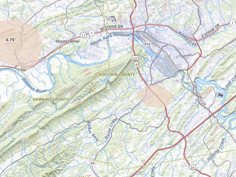 Radar-estimated hail-size map of the storm over Kingsport, TN on Aug 11, 2026