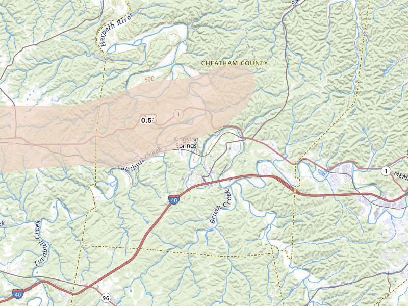 Radar-estimated hail-size map of the storm over Kingston Springs, TN on Apr 27, 2026
