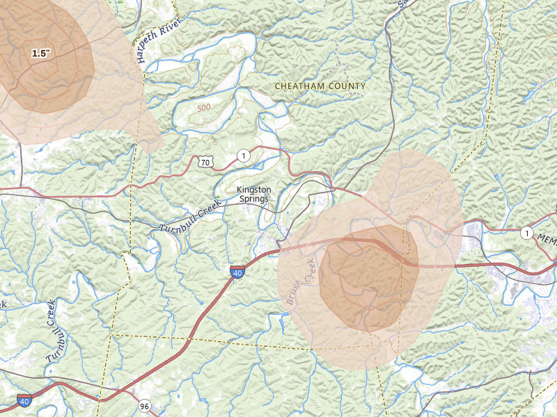 Radar-estimated hail-size map of the storm over Kingston Springs, TN on Jul 3, 2026
