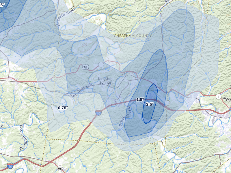 NEXRAD radar-signature map of the hail storm over Kingston Springs, TN on Jul 3, 2026