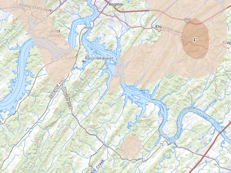 Radar-estimated hail-size map of the storm over Kingston, TN on Jul 3, 2026