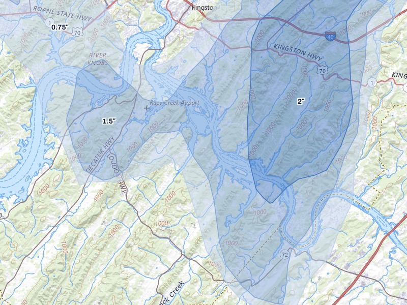 NEXRAD radar-signature map of the hail storm over Kingston, TN on Jul 3, 2026