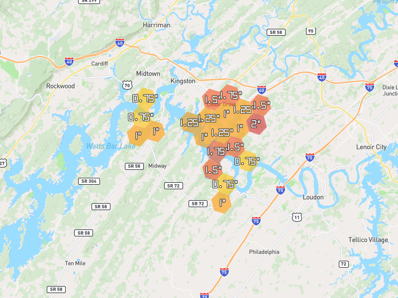 Hail map of Kingston, TN on Jul 3, 2026, hail up to 2"