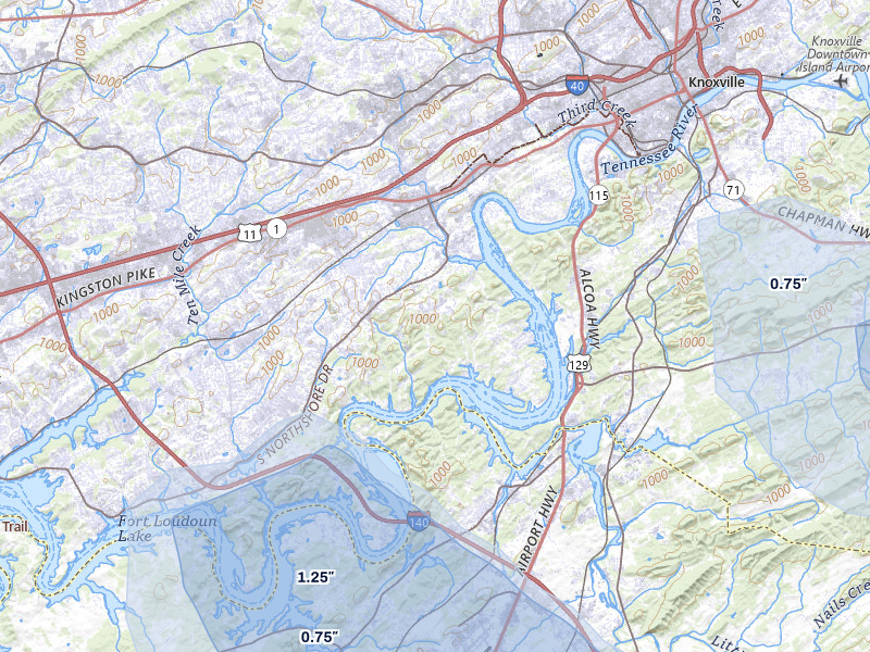 NEXRAD radar-signature map of the hail storm over Knoxville, TN on Jul 28, 2026