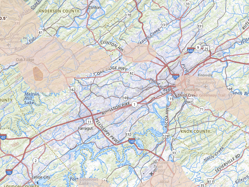 Radar-estimated hail-size map of the storm over Knoxville, TN on Aug 17, 2026