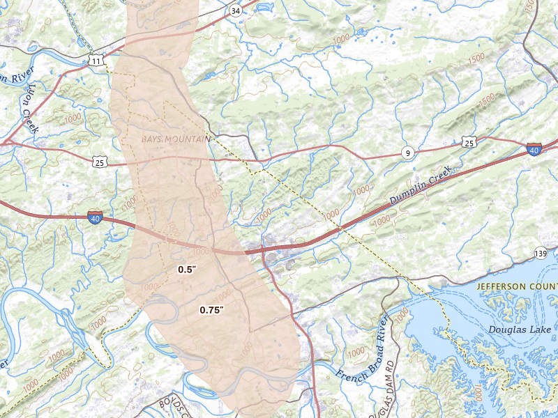 Radar-estimated hail-size map of the storm over Kodak, TN on Sep 5, 2026