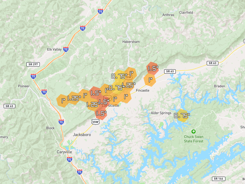 Hail map of La Follette, TN on Jul 4, 2026, hail up to 1.5"