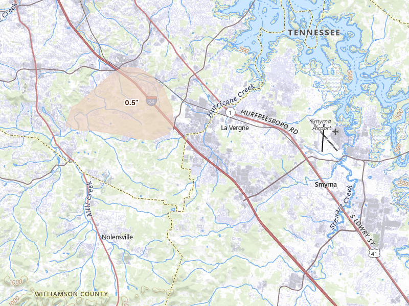 Radar-estimated hail-size map of the storm over La Vergne, TN on Apr 16, 2026