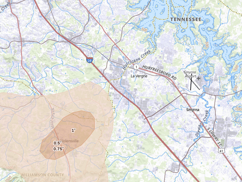Radar-estimated hail-size map of the storm over La Vergne, TN on Jul 2, 2026