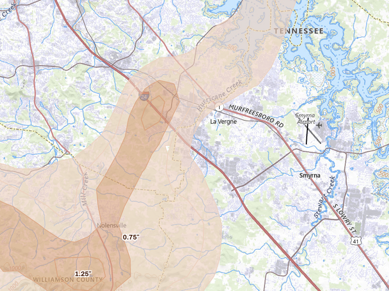 Radar-estimated hail-size map of the storm over La Vergne, TN on Jul 3, 2026