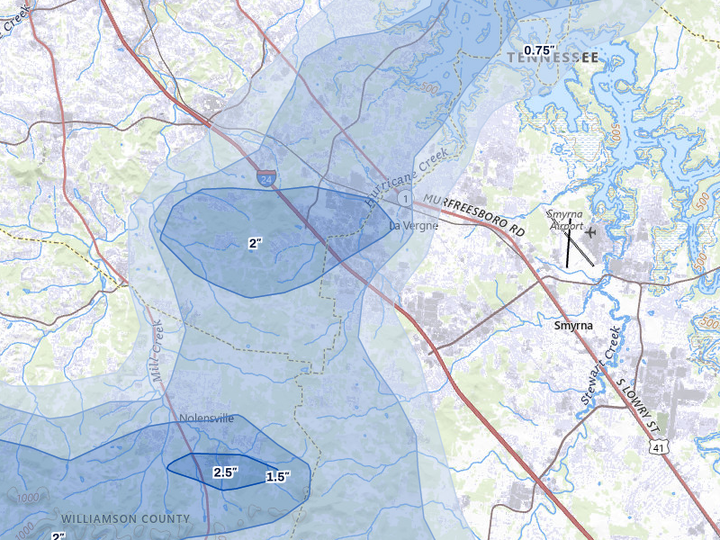 NEXRAD radar-signature map of the hail storm over La Vergne, TN on Jul 3, 2026