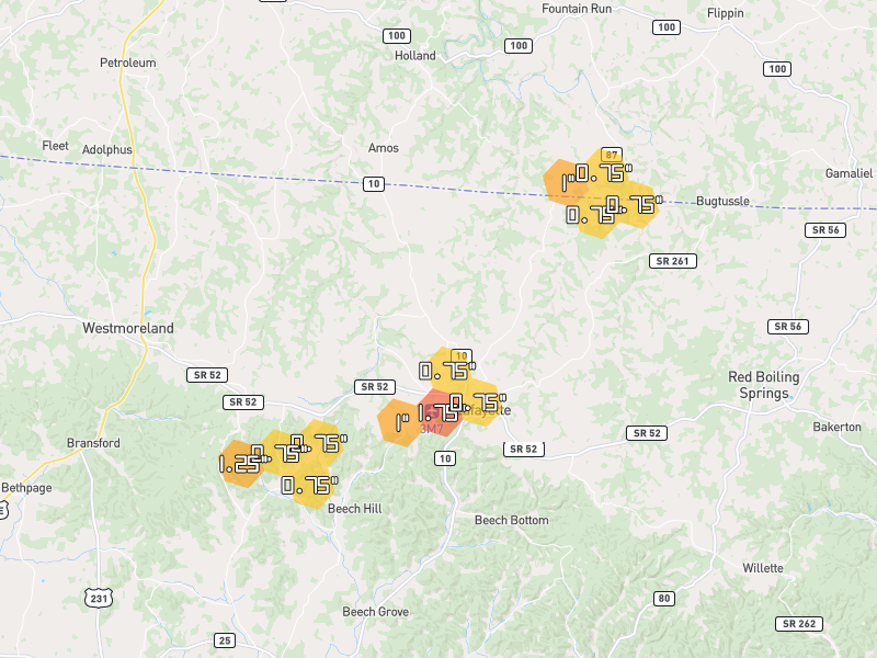 Hail map of Lafayette, TN on Jun 27, 2026, hail up to 1.75"