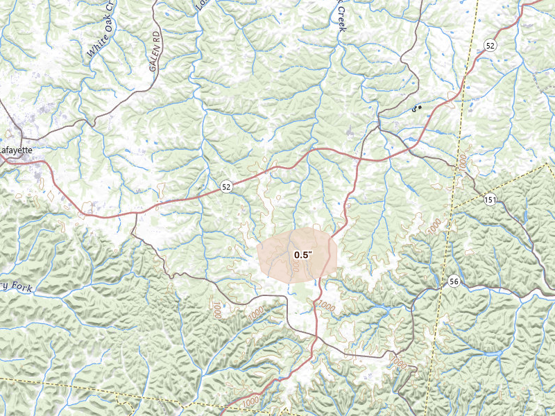 Radar-estimated hail-size map of the storm over Lafayette, TN on Aug 17, 2026