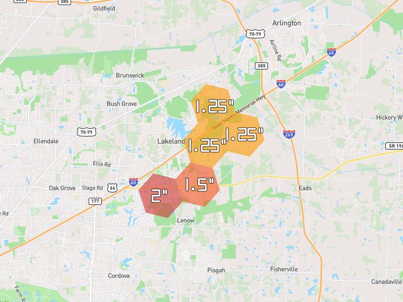Hail map of Lakeland, TN on Jul 4, 2026, hail up to 2"
