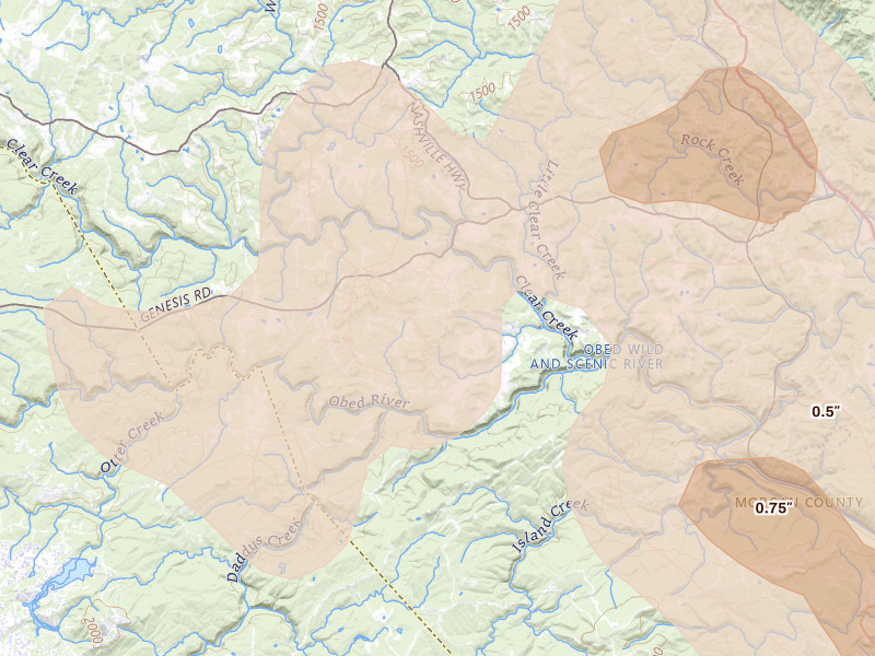 Radar-estimated hail-size map of the storm over Lancing, TN on Jul 3, 2026
