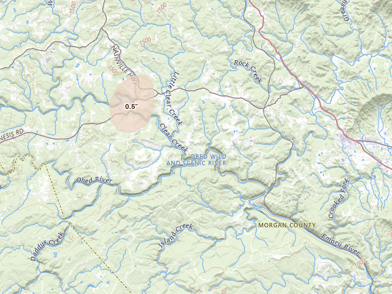 Radar-estimated hail-size map of the storm over Lancing, TN on Aug 9, 2026