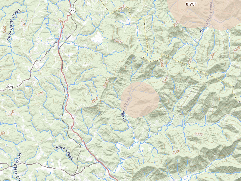 Radar-estimated hail-size map of the storm over Lancing, TN on Aug 17, 2026