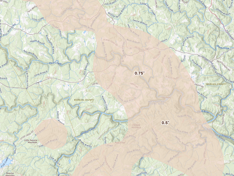 Radar-estimated hail-size map of the storm over Lancing, TN