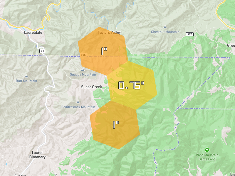 Hail map of Laurel Bloomery, TN on Jul 28, 2026, hail up to 1"